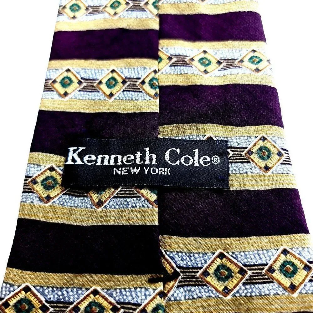 Kenneth Cole Maroon‎ Tan Abstract Striped Print Wide Silk Tie